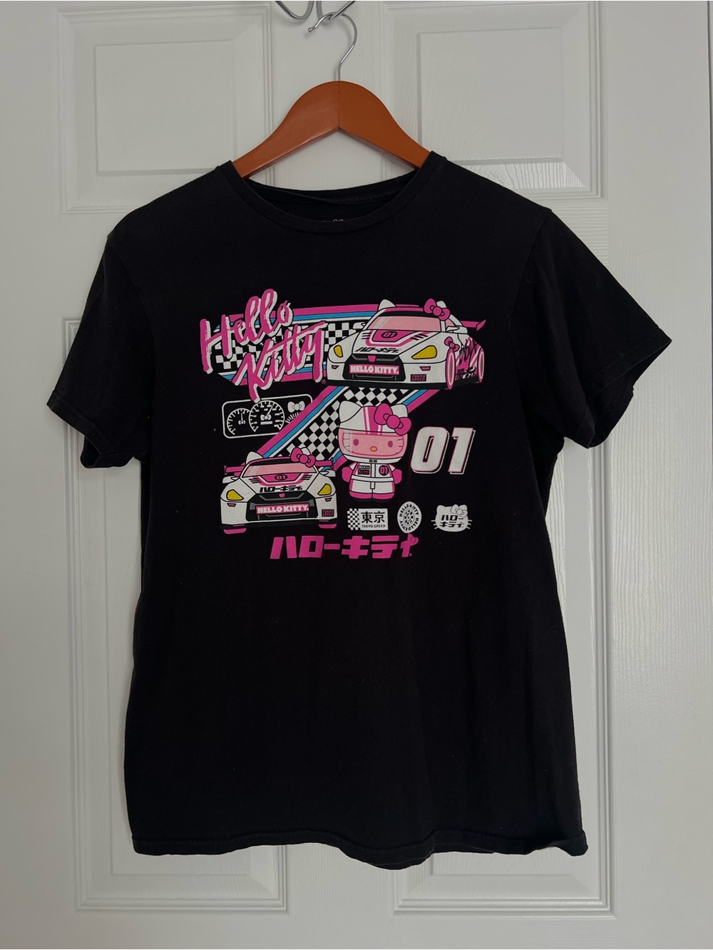 Hello Kitty Black Tee with Pink Racing Graphic
